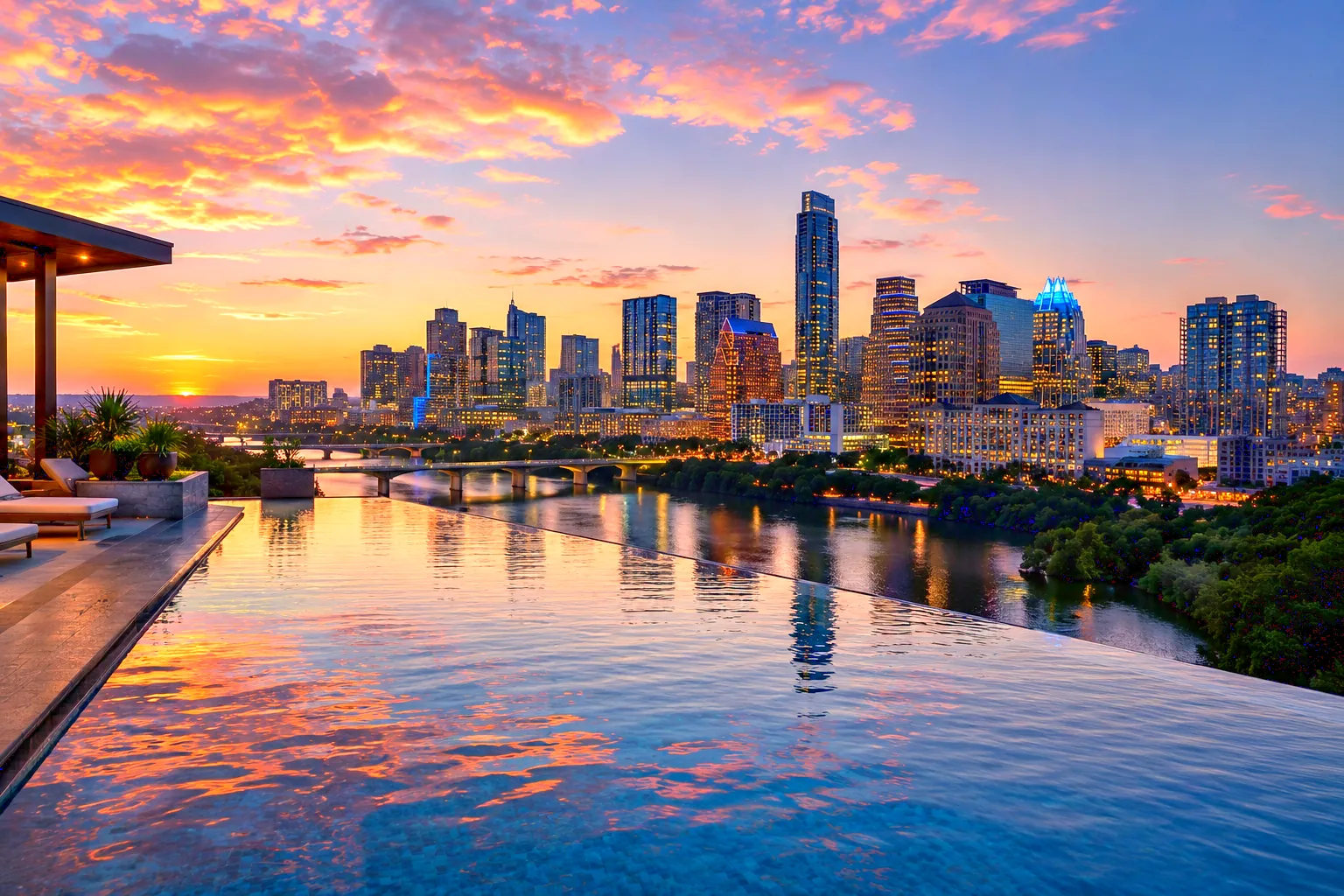 Custom infinity edge pool overlooking the Austin skyline